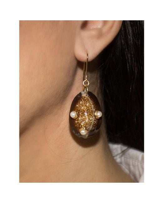 Vintouch Italy Green Pearls & Coral Dark Cowrie Shell Earrings