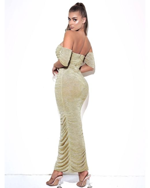 Miss Circle New York Metallic Gene Ruched Off Shoulder Chiffon Dress