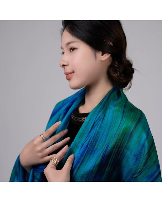 Silk and Bears Blue Emerald Brushstroke Silk Scarf – Hand-Dyed Mulberry Silk Shawl