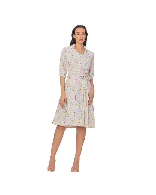 Smart and Joy Natural V Neckline Floral Print Shirt-Dress -Light