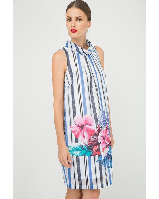 Conquista White Print Sleeveless Dress With Upright Collar