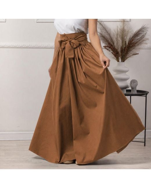 Nikka Place Brown Long Pleated High Waisted Skirt With Bow And Pockets