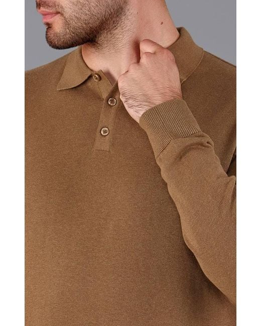 Paul James Knitwear Brown Lightweight Cotton Hall Long Sleeve Knitted Polo Shirt for men