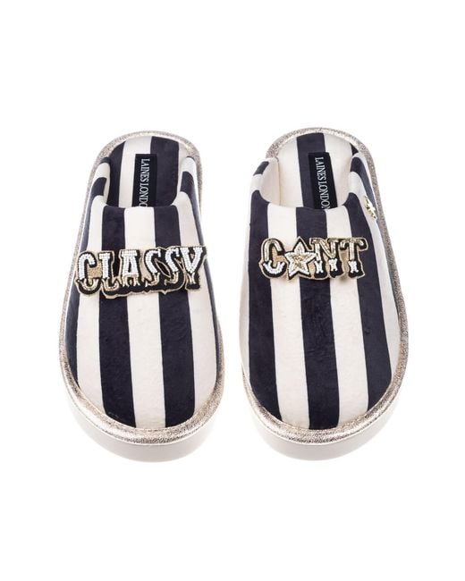 Laines London Blue Flatform Stripe Closed Toe Slippers With Classy C*Nt Brooches