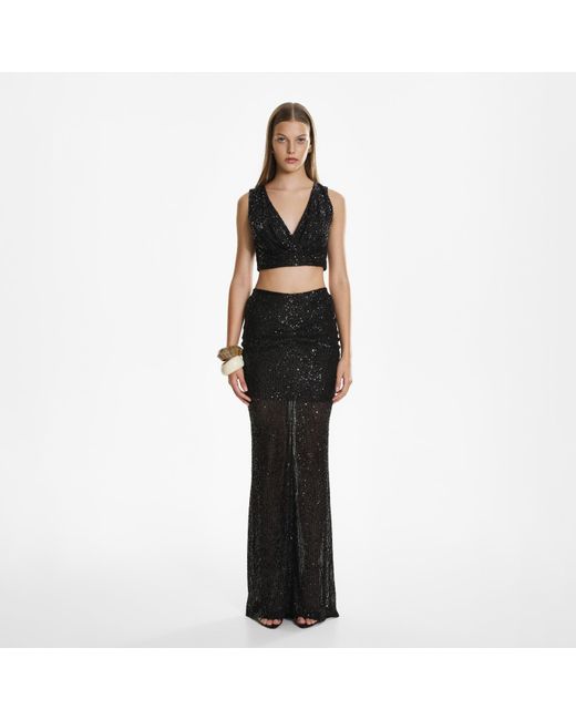 Lita Couture Black Sequin Ruched Maxi Skirt