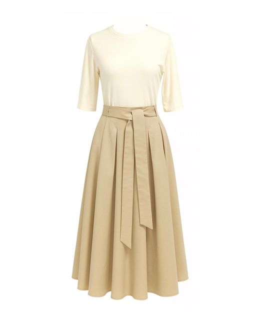 Exquise Natural Neutrals Desaree Short Sleeve Belted Pleated Midi Dress -Ecru