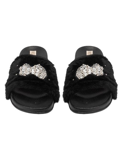 Rettrose Black Ava Noir Luxury Plush Diamanté Embellished Handmade Sliders