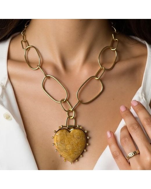 Rare Matters Jewelry Metallic Luxe Golden Jasper Beaded Heart Pendant Necklace