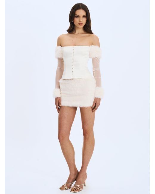 Miss Circle New York White Narla Ivory Low-Waisted Fur Mini Skirt