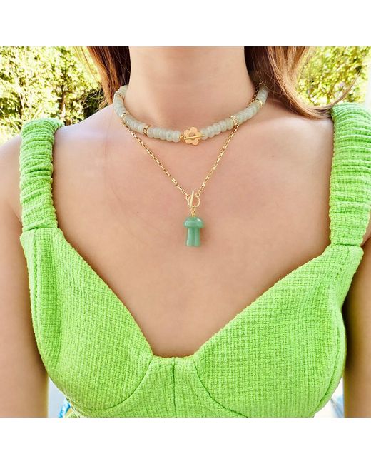 VALERIE CHIC Metallic Mushroom Aventurine Necklace Vintage Style 18K
