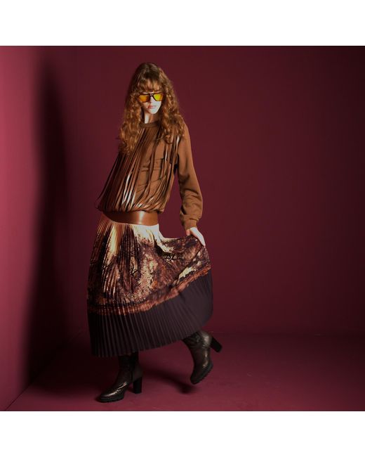 Lalipop Design Brown Neutrals All-Over Graphic Design Pleated Skirt With Vegan Leather Detailing