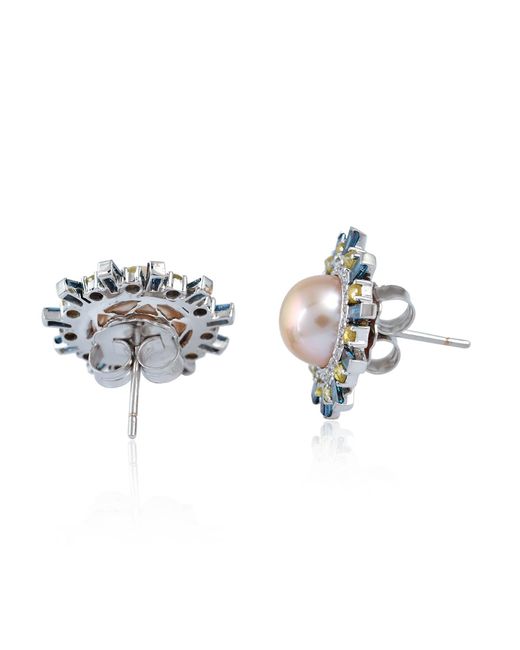 Artisan Blue 18K Pearl, Colored Diamond & Diamond Sunburst Stud Earrings