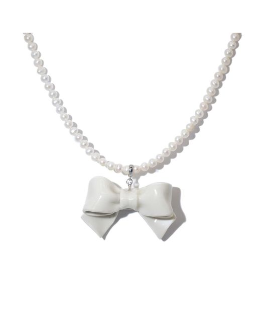 H2 Studio Metallic Bowtie Maniac Large Ceramic Bowtie Round Freshwater Pearl Necklace