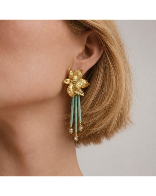 Aurozia Yellow Lotus Within Plated Detachable Blooming Lotus Drop Amazonite Tassel Earrings