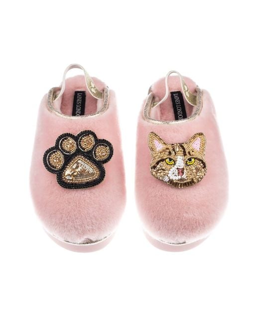 Laines London Pink Flatform Cloud Slippers With Ginger Tabby Cat & Paw Brooches
