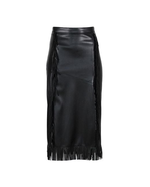 Lalipop Design Black Vegan Leather Midi Fringe Skirt