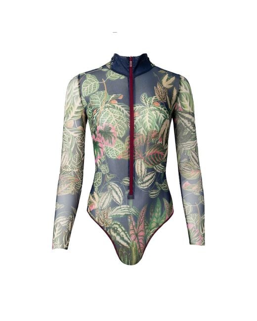 Rodasoleil Smart Swimwear Blue Tan-Through Mesh One-Piece Zipper Swimsuit With Sleeves Botanicum