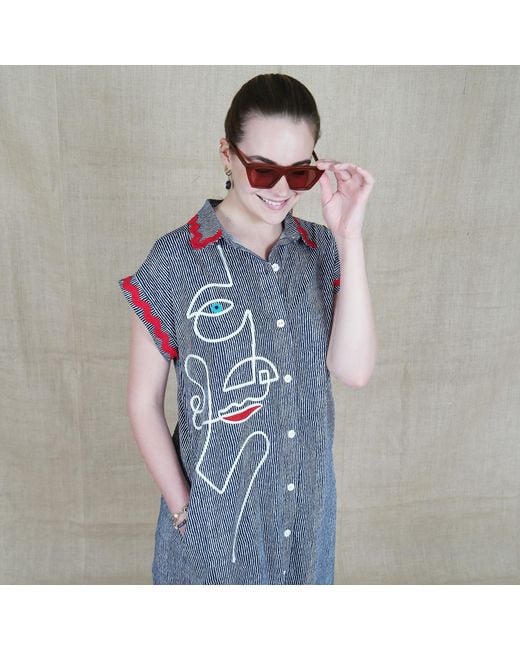 Lalipop Design Blue Pinstripe Cotton Shirtdress With Face Embroidery