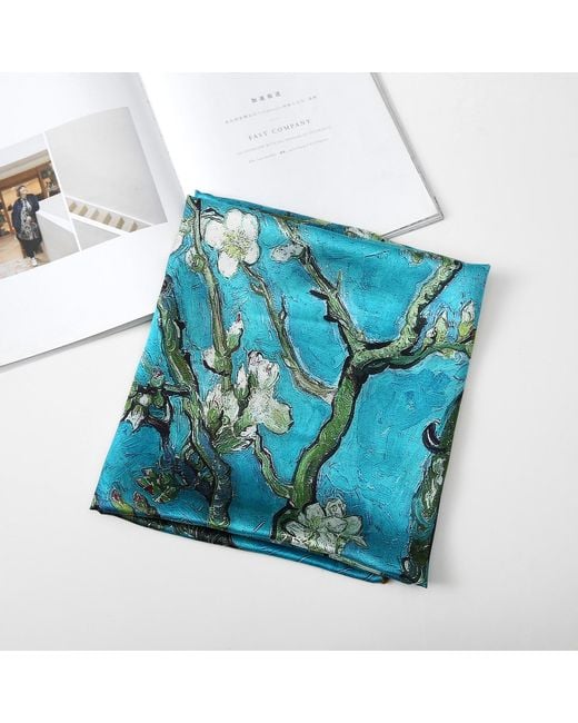 Soft Strokes Silk Blue Pure Silk Scarf Painting Almond Blossom Van Gogh Small