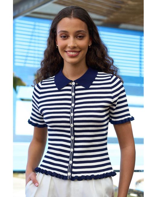 Yumi' Blue Nautical Striped Knitted Top