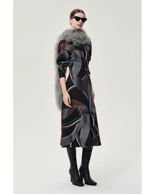 FRONT ROW SHOP Black Printed Draped-Waist Dress Multi