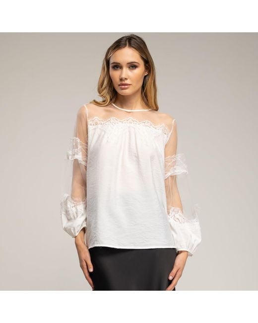 Tantra Spain Sl White Chiffon Blouse With Tulle Sleeves And Shoulders And Lace Details