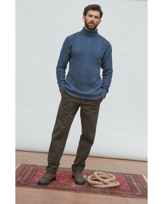 Paul James Knitwear Blue Midweight Cotton Aith Cable Roll Neck Gansey Jumper for men