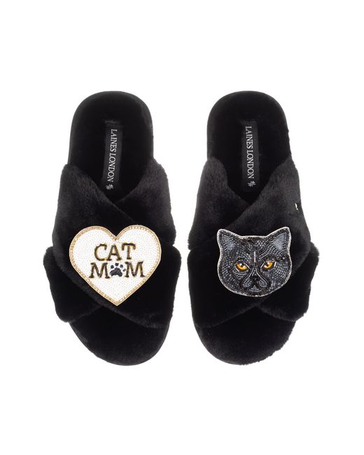 Laines London Black Classic Laines Slippers With Cat Mum/Mom & British Shorthair Cat Brooches