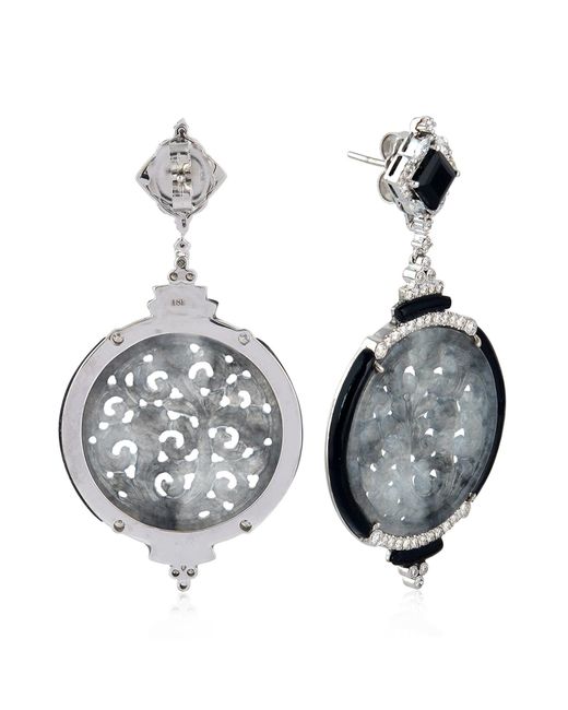 Artisan Blue Carved Jade & Onyx Gemstone With Diamond In 18k White Gold Dangle Earrings