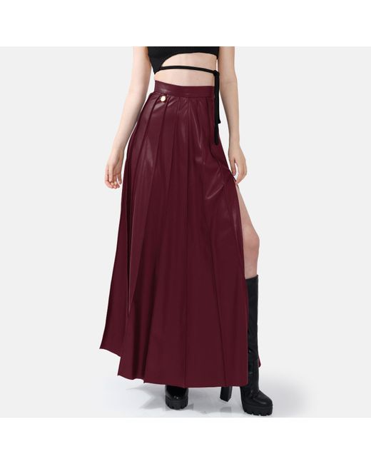 Kargede Purple Solace – Vegan Leather Pleated Maxi Skirt Burgundy