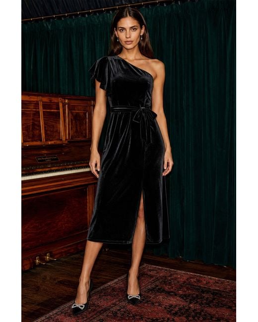 Yumi' Black Velvet One Shoulder Midi Dress