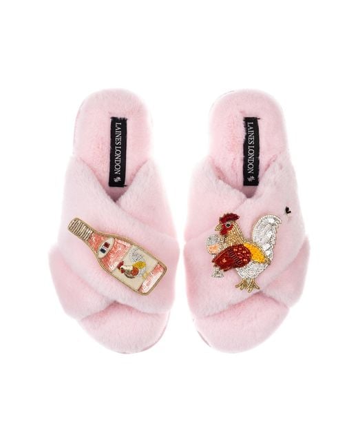 Laines London Pink Classic Laines Slippers With Chicken Wine Brooches