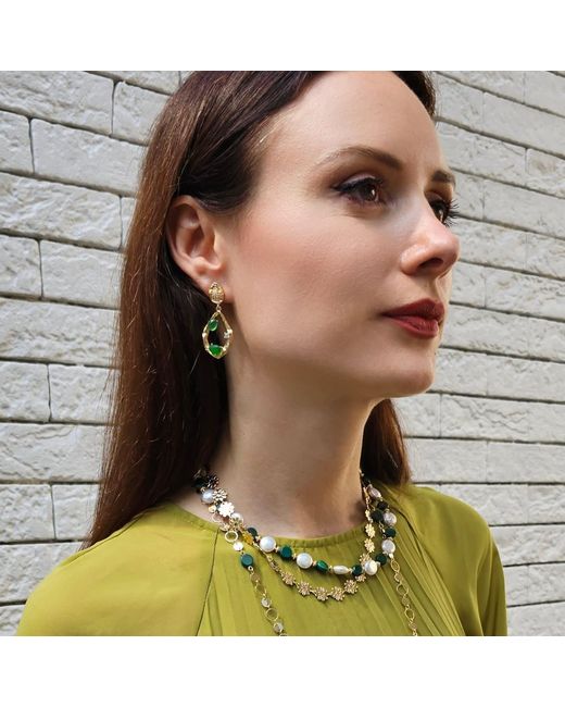 Farra Metallic Coin Shaped Malachite And Freshwater Pearls With Flower Chain Versatile Necklace