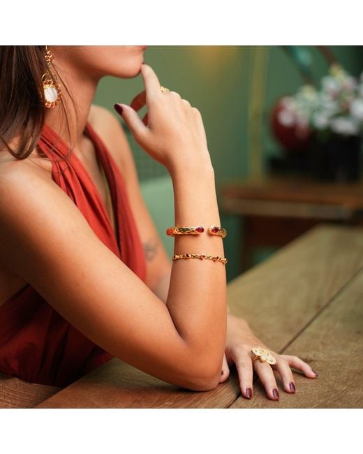 Ebru Jewelry Metallic Ruby Stone Gold Cuff Bracelet