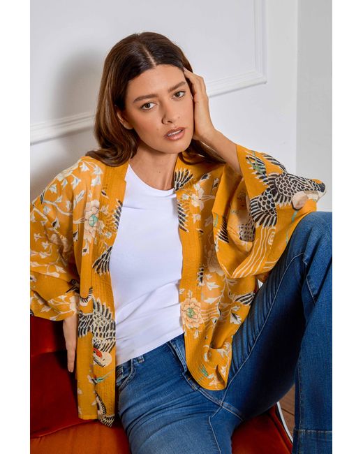 Artemis Muse Yellow Mustard Dynastic Bird Print Light Weight Kimono