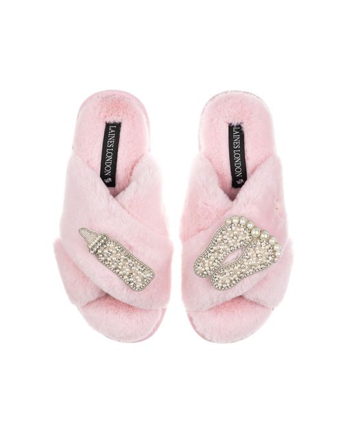 Laines London Pink Classic Laines Slippers With Pearl New Baby Brooches