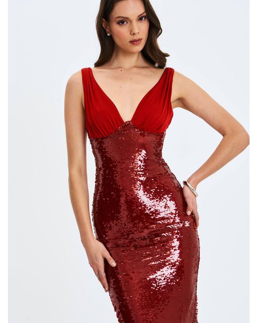 Miss Circle New York Red Shanelle Crimson Sequin Plunging Midi Dress