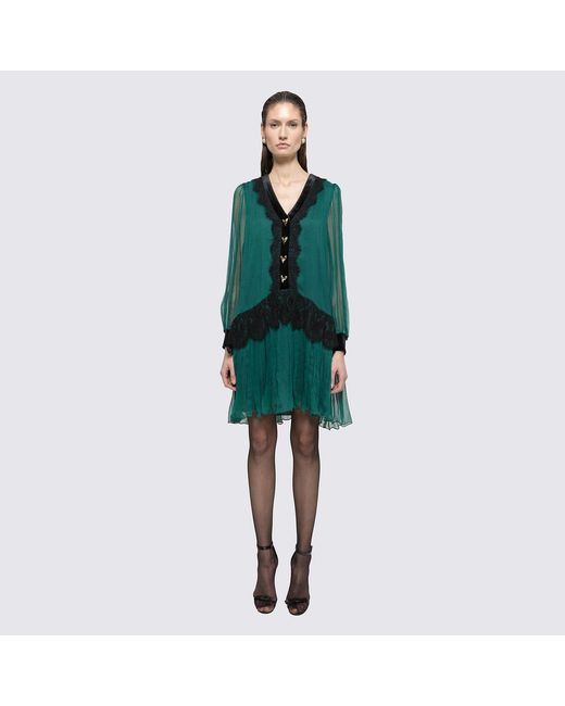 Nissa Green Lace Insert Silk Midi Dress