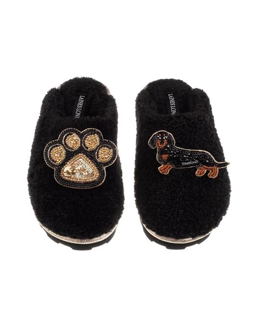 Laines London Black Teddy Closed Toe Slippers With Paw & & Tan Dachshund Brooches