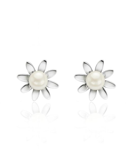 Unaloe Metallic Sterling Daisy Flower Stud Earrings With Mother Of Pearl – Contemporary Floral Designer Jewelry
