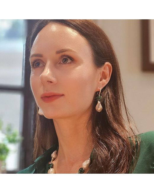 Farra Green Natural Baroque Pearls With Heart Malachite Earrings