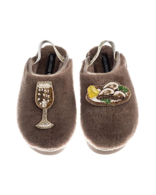 Laines London Brown Neutrals Flatform Cloud Closed Toe Slippers With Oysters & Glass Of Fizz Brooches