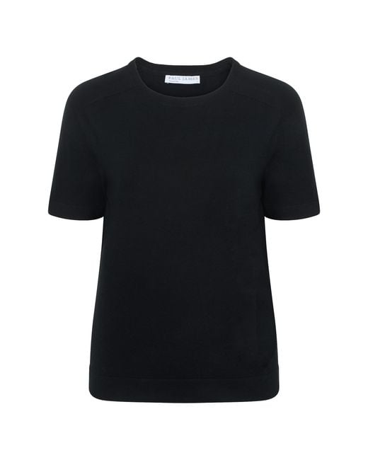 Paul James Knitwear Black Ultra Fine Cotton Cassie Saddle Shoulder Knitted T-Shirt