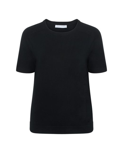 Paul James Knitwear Black Ultra Fine Cotton Cassie Saddle Shoulder Knitted T-Shirt