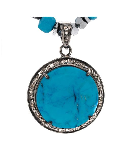 Ebru Jewelry Blue Pave Diamond & Turquoise Gemstone Pendant Silver Heart Hematite Stone Beaded Necklace