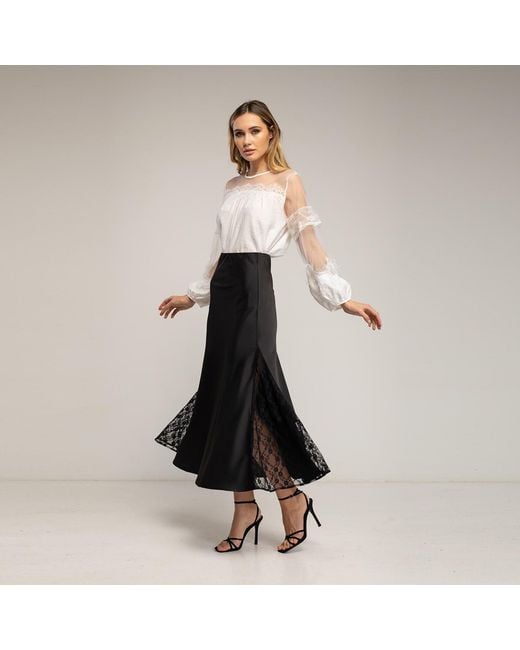 Tantra Spain Sl Black A-Line Satin Midi Skirt With Side Slits And Lace, Elastic Waistband