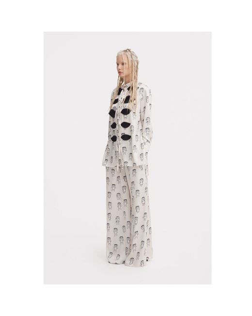 Julia Allert Gray Neutrals Art Print Wide-Leg Palazzo Trousers – Ivory
