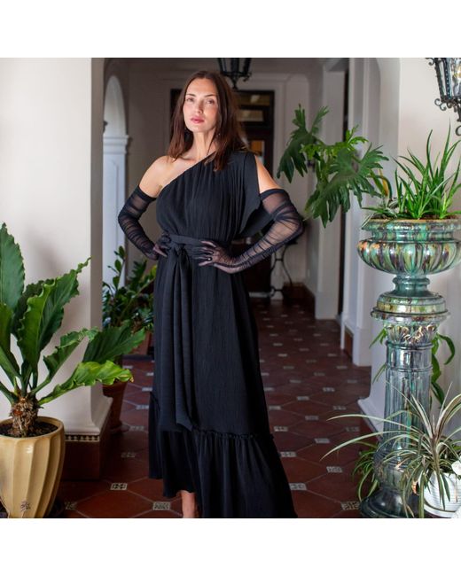 Jennafer Grace Black Diamond Pleated One-Shoulder Maxi Dress