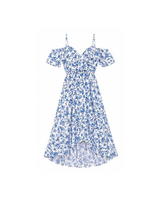 Yumi' Blue Floral Print Bardot Midi Dress With Dip Hem