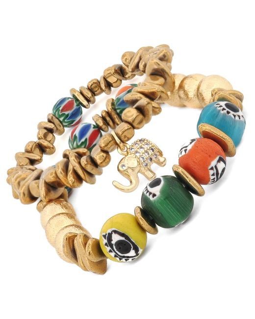 Ebru Jewelry Metallic Golden Elephant Colorful Evil Eye Beaded Bracelet Set